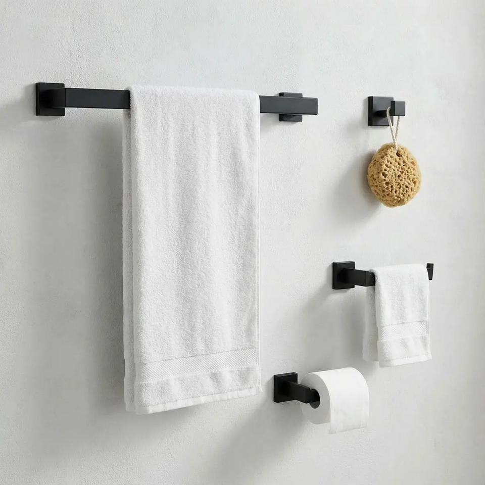 Kit Acessórios Banheiro Preto Inox 4 Peças Quadrado Premium Barra Toalha Porta Papel Higiênico Gancho Toalha de Rosto Multiuso Antiferrugem Instalação Com Parafuso Stillus Home