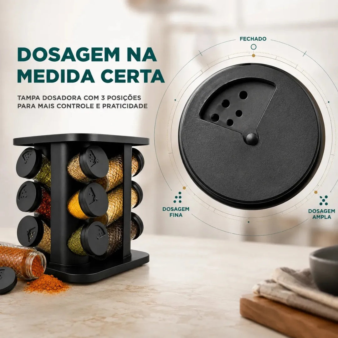 Porta Temperos Condimentos 12 Unidades Potes Vidro Base Giratória Preto Organizador Cozinha Dosador Sólar