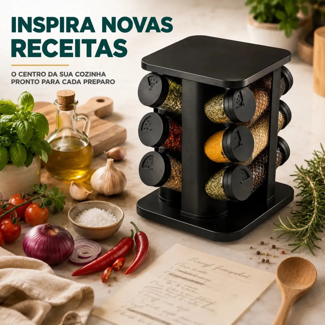 Porta Temperos Condimentos 12 Unidades Potes Vidro Base Giratória Preto Organizador Cozinha Dosador Sólar