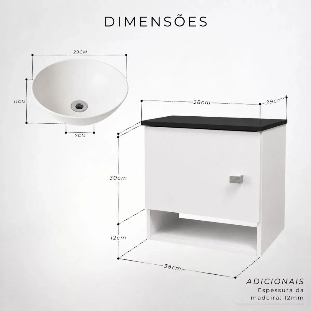 Gabinete Armário Para Banheiro Com Cuba E Espelho 40cm Pia Branco Móvel Preto Quantidade De Furos Para Torneira Um Furo