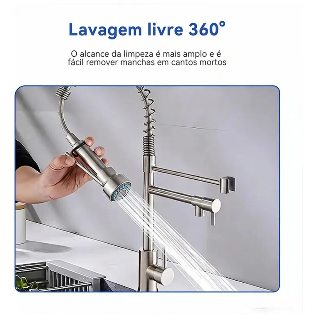 Torneira Monocomando Cozinha Gourmet Para Pia Bancada Flexivel Cor Inox 304 Escovado Prateado +60cm Tubo