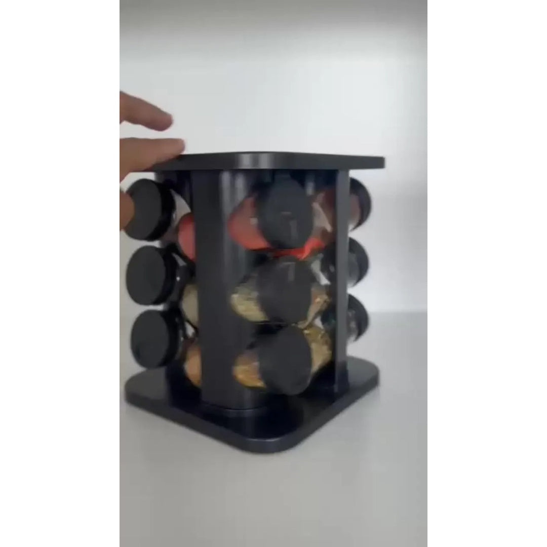 Porta Temperos Condimentos 12 Unidades Potes Vidro Base Giratória Preto Organizador Cozinha Dosador Sólar